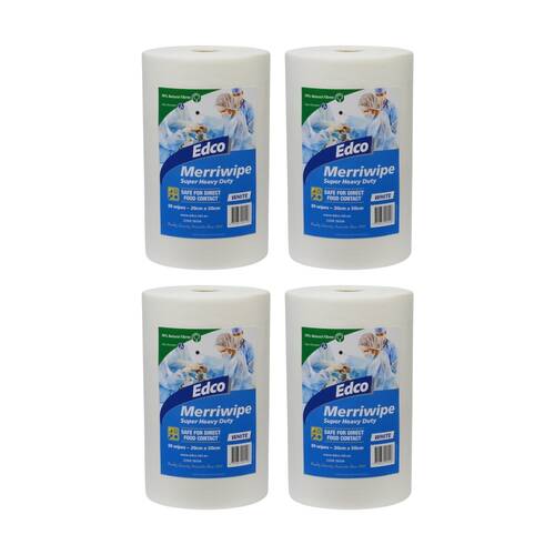 4PK 90pc Edco Merriwipe Super Heavy Duty Thick Cleaning Absorption Wipes Roll White