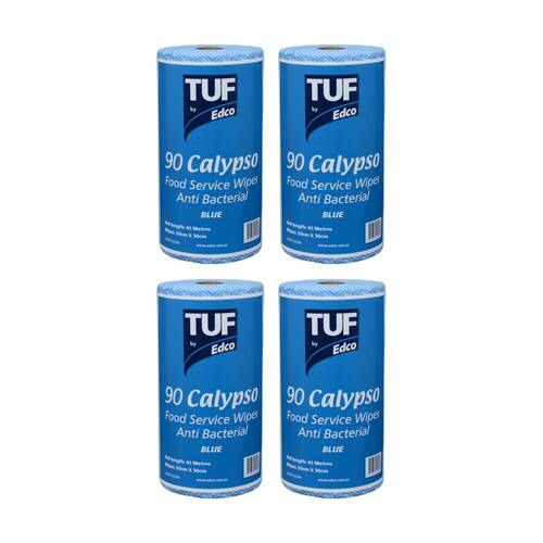 4PK 90pc TUF Calypso Antibacterial Food Service Perforated Wipes Roll Blue