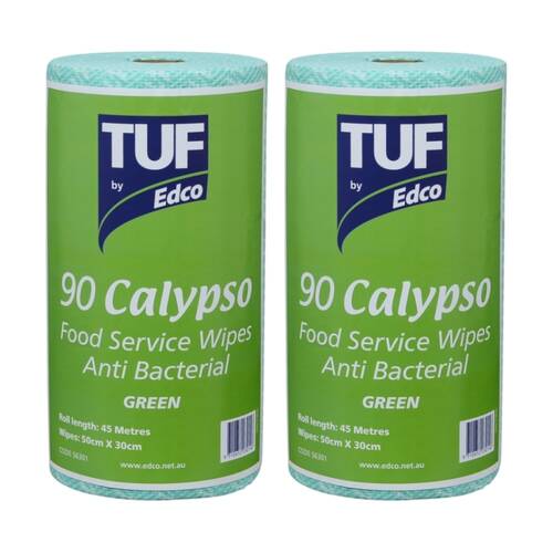 2x 90pc TUF Calypso Antibacterial Food Service Perforated Wipes Roll Green