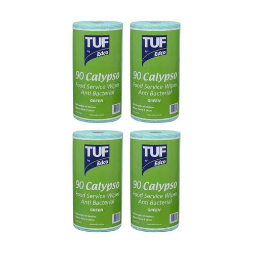4PK 90pc TUF Calypso Antibacterial Food Service Perforated Wipes Roll Green