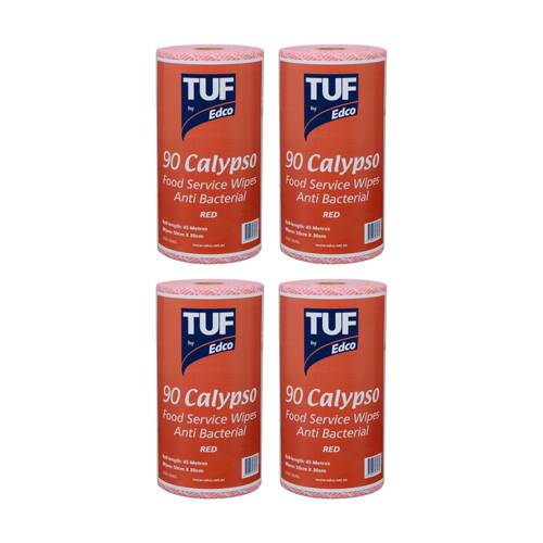 4PK 90pc TUF Calypso Antibacterial Food Service Perforated Wipes Roll Red