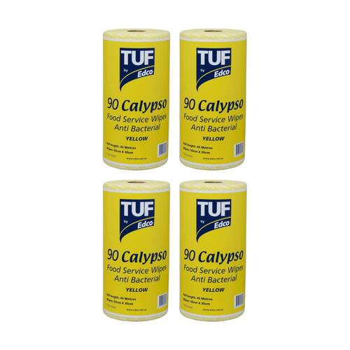 4PK 90pc TUF Calypso Antibacterial Food Service Perforated Wipes Roll Yellow