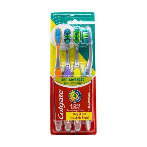 4pc Colgate 360 Advanced Toothbrushes W/ Tongue & Cheek Cleaner Assorted Soft