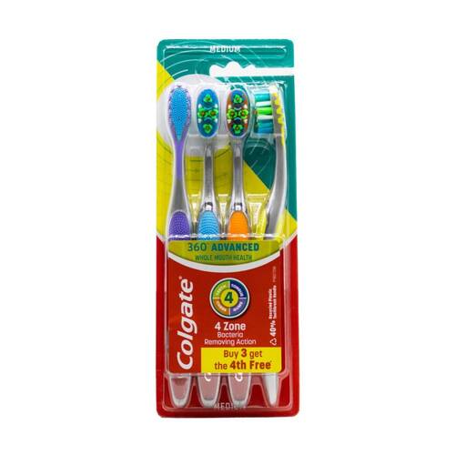 4pc Colgate 360 Advanced Toothbrushes W/ Tongue & Cheek Cleaner Assorted Medium