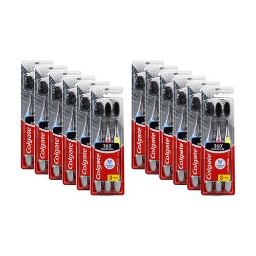 12x 3pc Colgate 360 Charcoal Toothbrushes W/ Tongue & Cheek Cleaner Assorted
