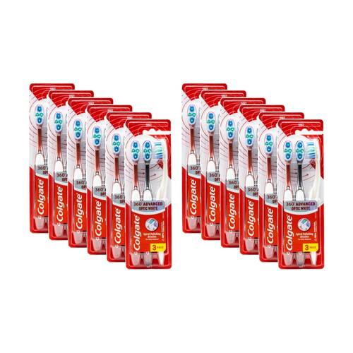 12x 3pc Colgate Toothbrush 360 Advanced Optic White Soft Assorted Colours