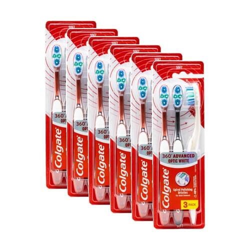 6x 3pc Colgate Toothbrush 360 Advanced Optic White Soft Assorted Colours