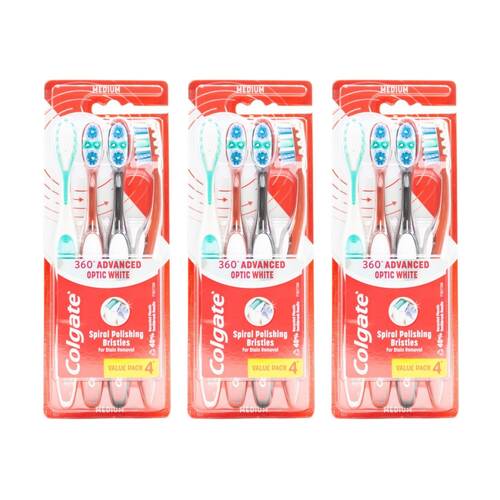 3x 4pc Colgate 360 Advanced Optic White Toothbrushes Assorted Medium