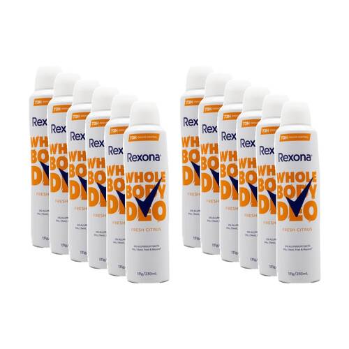 12PK Rexona Whole Body Deo Deodorant Fresh Citrus 72h Odour Control 230ml