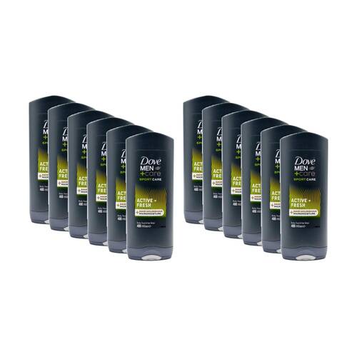 12PK Dove Men +Care Sport-Care Active Fresh Body Face & Hair Wash 400ml