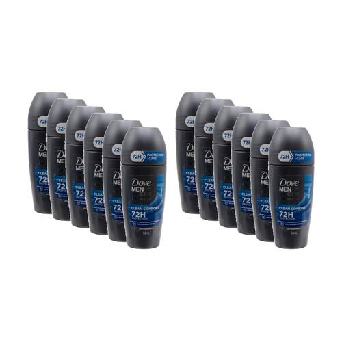 12PK Dove Mens Plus Care Advanced 72H Roll On Antiperspirant 50mL Clean Comfort