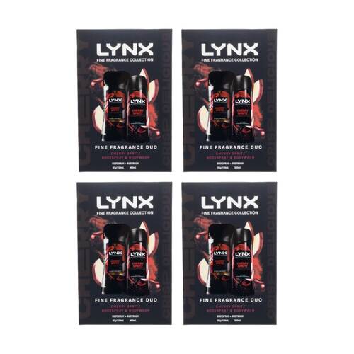 4x 2pc Lynx Fine Fragrance Duo Set W/ Body Spray & Wash 150/360ml Cherry Spritz