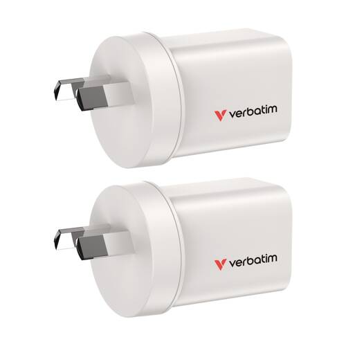2PK VERBATIM AU/NZ GaN Wall Plug Charger 2 Port 35W USB A/C PCR White