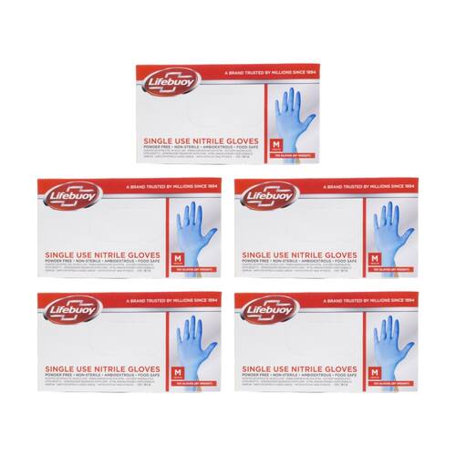 5x 100pc Lifebuoy No Powder Single Use Food Safe Nitrile Gloves Medium Blue