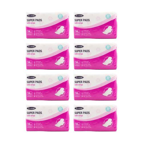 8x 14pc Real Care Women's Super Pads Absorbency Level 4 Sanitary Napkin