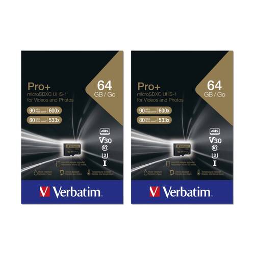 2PK VERBATIM Pro+ Micro SDXC Card (Class 10 UHS-I U3 A1) W/ Adaptor 64GB