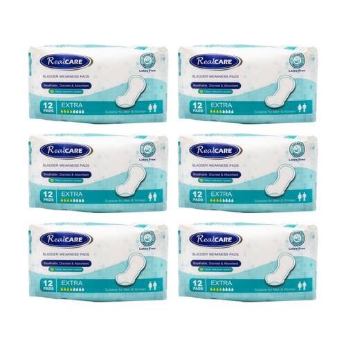 6PK Real Care Bladder Weakness Pads Extra Absorbency 12 Pack Suitable Men Women