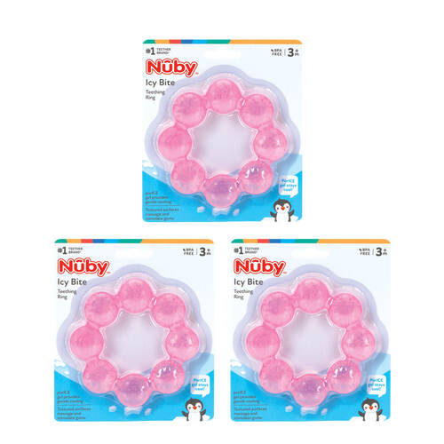 3x Nuby Icybite Teething Ring Cool Textured Soother Chew Baby Toy Pink 3m+
