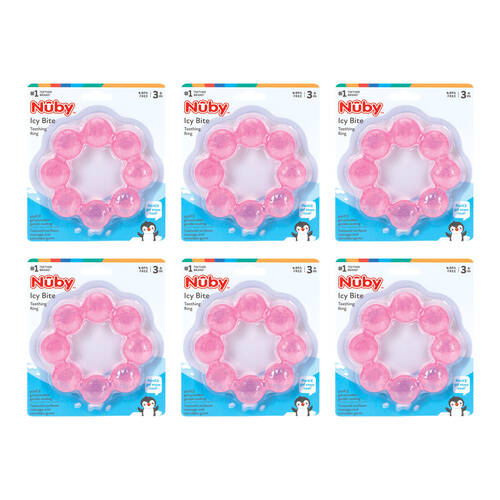 6x Nuby Icybite Teething Ring Cool Textured Soother Chew Baby Toy Pink 3m+
