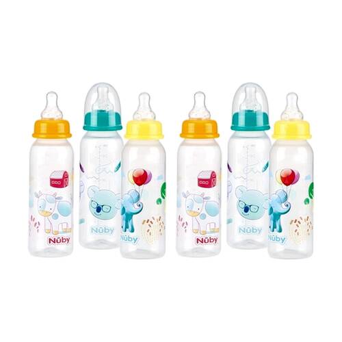 2x 3pc Nuby Standard Neck Baby Bottles W/ Vari Flow Teat 240ml Multicolour 0m+