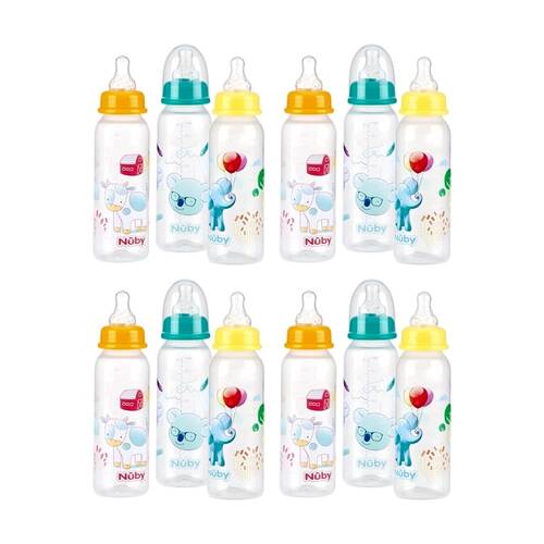 4x 3pc Nuby Standard Neck Baby Bottles W/ Vari Flow Teat 240ml Multicolour 0m+