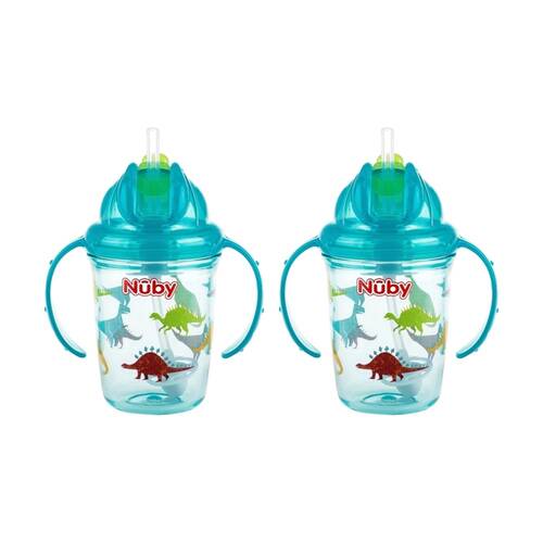 2x Nuby Printed Flip-It Cup No Spill Silicone Straw 240ml Multicolour 12m+