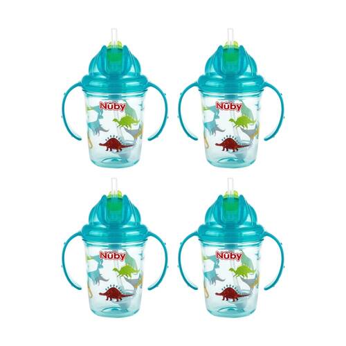 4x Nuby Printed Flip-It Cup No Spill Silicone Straw 240ml Multicolour 12m+