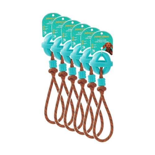 6PK Paws And Claws Pet Dog Toy TPR Ball With Rope Durable Assorted 36x6cm