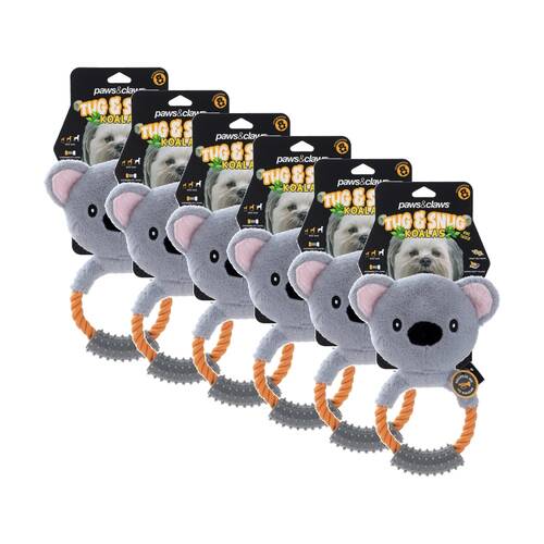 6PK Paws And Claws Plush Koala Rope Ring Tugger Pet Dog Toy Squeak 20x12x1.5cm