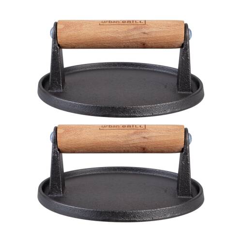 2PK Urban Grill Cast Iron Burger Press W/ Wooden Handle 14.5cm Diameter