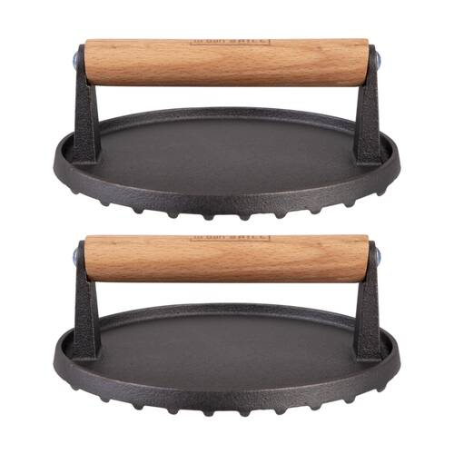 2PK Urban Grill Cast Iron Round BBQ Press W/ Ridged Base 17.5cm Diameter
