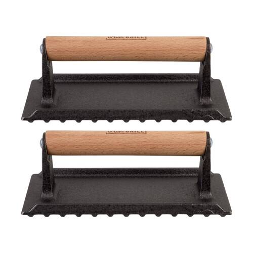 2PK Urban Grill Cast Iron Rectangle BBQ Press W/ Ridged Base 20.5x10.5cm