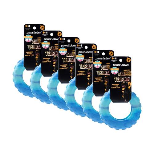 6x Paws And Claws All Terrain Rubber Tyre Medium Two-Tone Pet Dog Chew/Tug Toy Blue