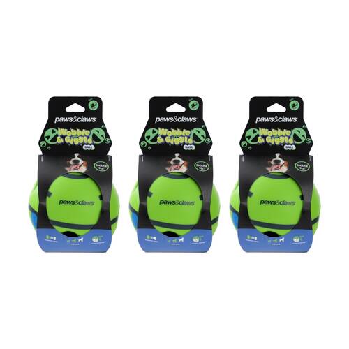 3PK Paws And Claws Wobble Giggle Pet Dog Ball Toy Shake For Sound 14cm