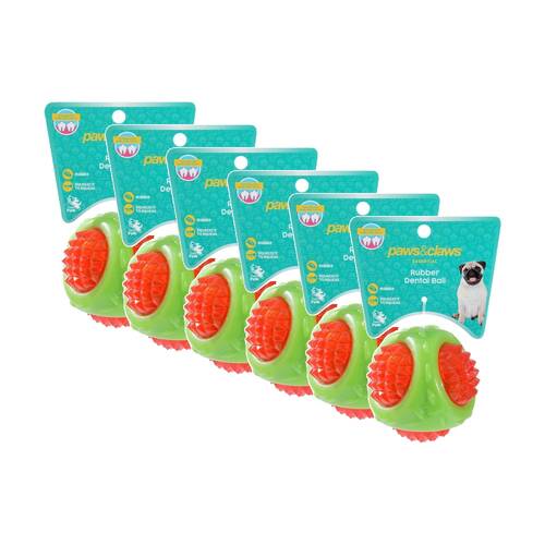 6x Paws And Claws Dental Ball Pet Dog Squeaky Toy Teeth Gum Cleaning 8cm Assorted
