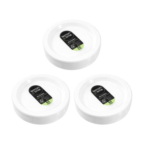 3x 50pc Lemon And Lime Reusable Plastic Food Serving Plates Dinner Set White 22.5cm