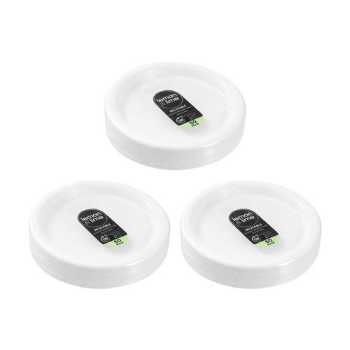 3x 50pc Lemon And Lime Reusable Plastic Food Dinner Plates Set White 25.5cm