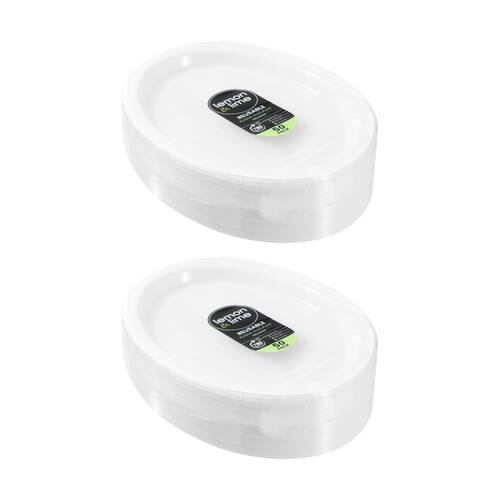 2x 50pc Lemon And Lime Reusable Plastic Food Oval Plate Dinner Set White 31x24.5cm