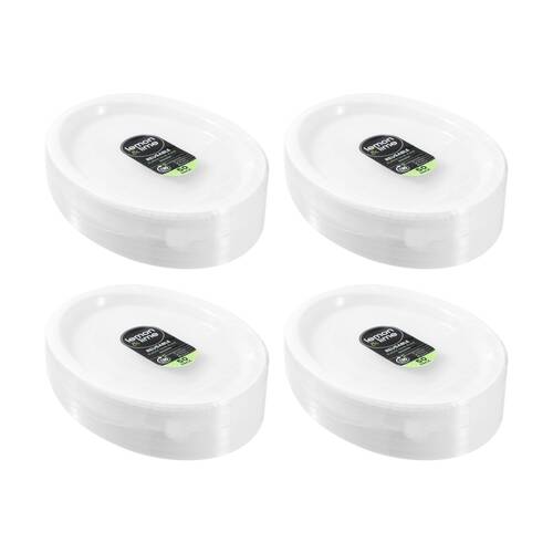 4x 50pc Lemon And Lime Reusable Plastic Food Oval Plate Dinner Set White 31x24.5cm