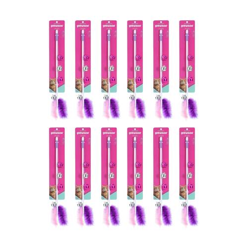 12PK Paws And Claws Pounce Play Wand Pet Cat Toy With Bells Assorted 50cm