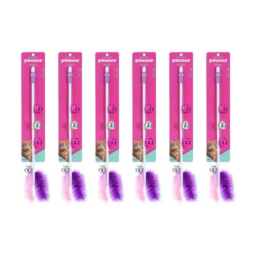 6PK Paws And Claws Pounce Play Wand Pet Cat Toy With Bells Assorted 50cm