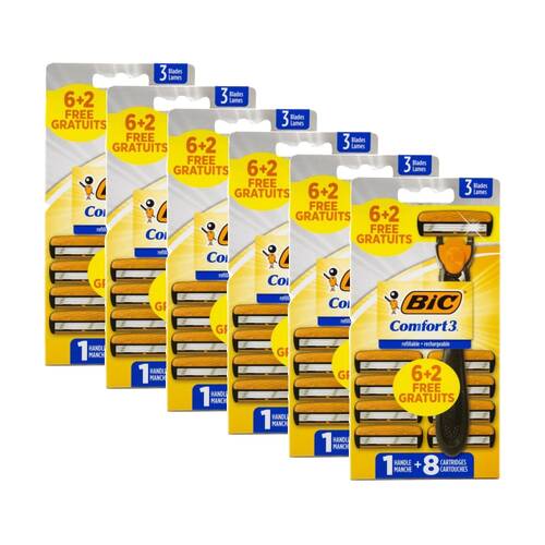 6PK BIC Razor Comfort 3 With 1 Handle Plus 8 Cartridges Pack Refillable