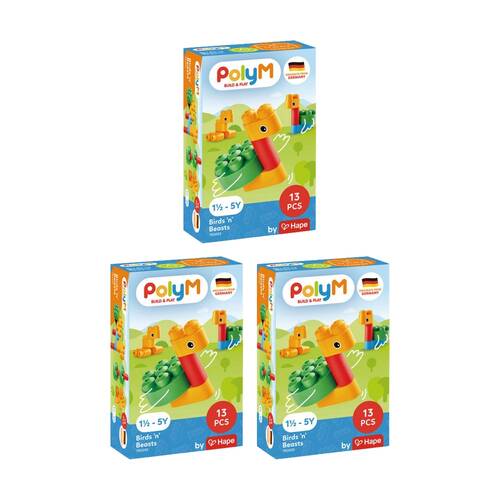 3PK Poly M Birds N Beasts Plastic Building Blocks Set 13 Pieces 18M Multicolour