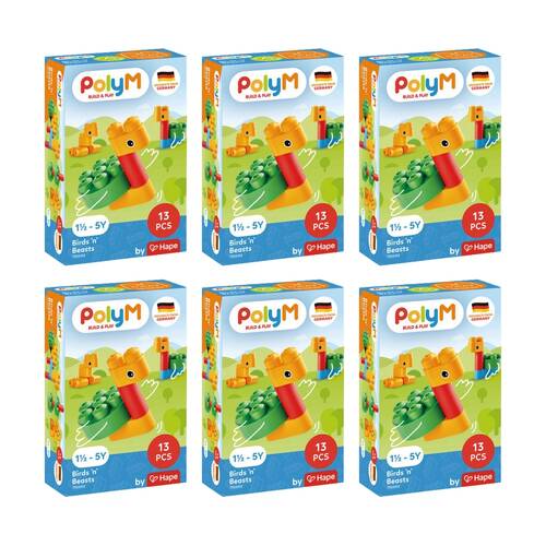 6PK Poly M Birds N Beasts Plastic Building Blocks Set 13 Pieces 18M Multicolour