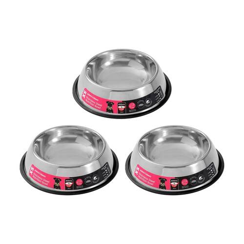 3x Paws And Claws Stainless Steel Pet Cat/Dog Bowl Anti-Skid 450ml Black 21x21x5.5cm