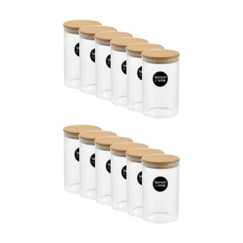 12x Lemon And Lime Camden Ribbed Glass Jar Bamboo Lid Food Storage Container 1050ml