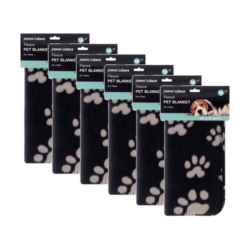 6PK Paws And Claws Fleece Pet Paw & Panel Print Blanket 70x70cm Assorted