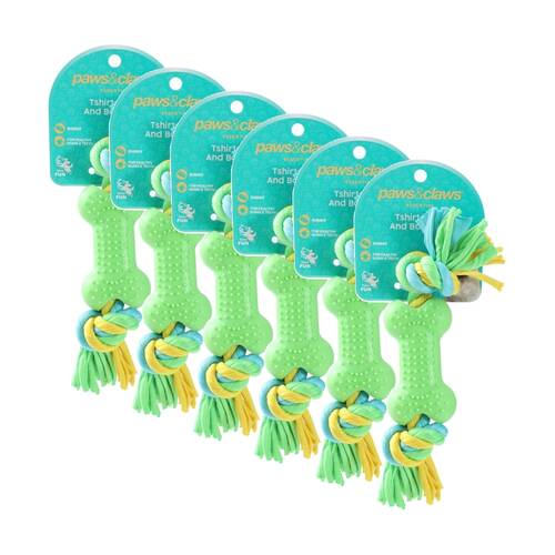 6x Paws And Claws Tshirt Rope & TPR Bone Pet Dog Chew/Tug Toy 20x5x2.5cm Assorted
