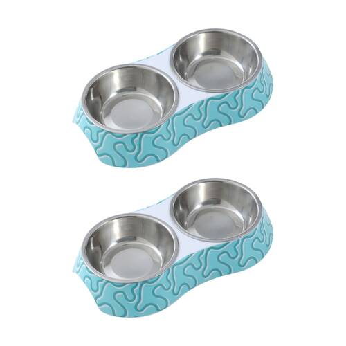 2PK Paws And Claws Double Pet Cat Dog Bowl Melamine Steel Assorted 23.5x14x4cm