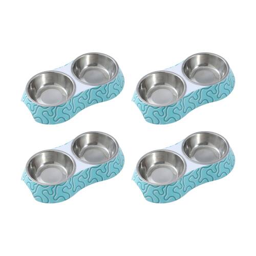 4PK Paws And Claws Double Pet Cat Dog Bowl Melamine Steel Assorted 23.5x14x4cm